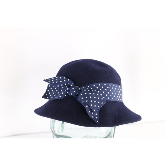 Vintage 30s 40s Felt Wool Polka Dot Bowtie Bucket Hat Cap Navy Blue USA Womens main image 7